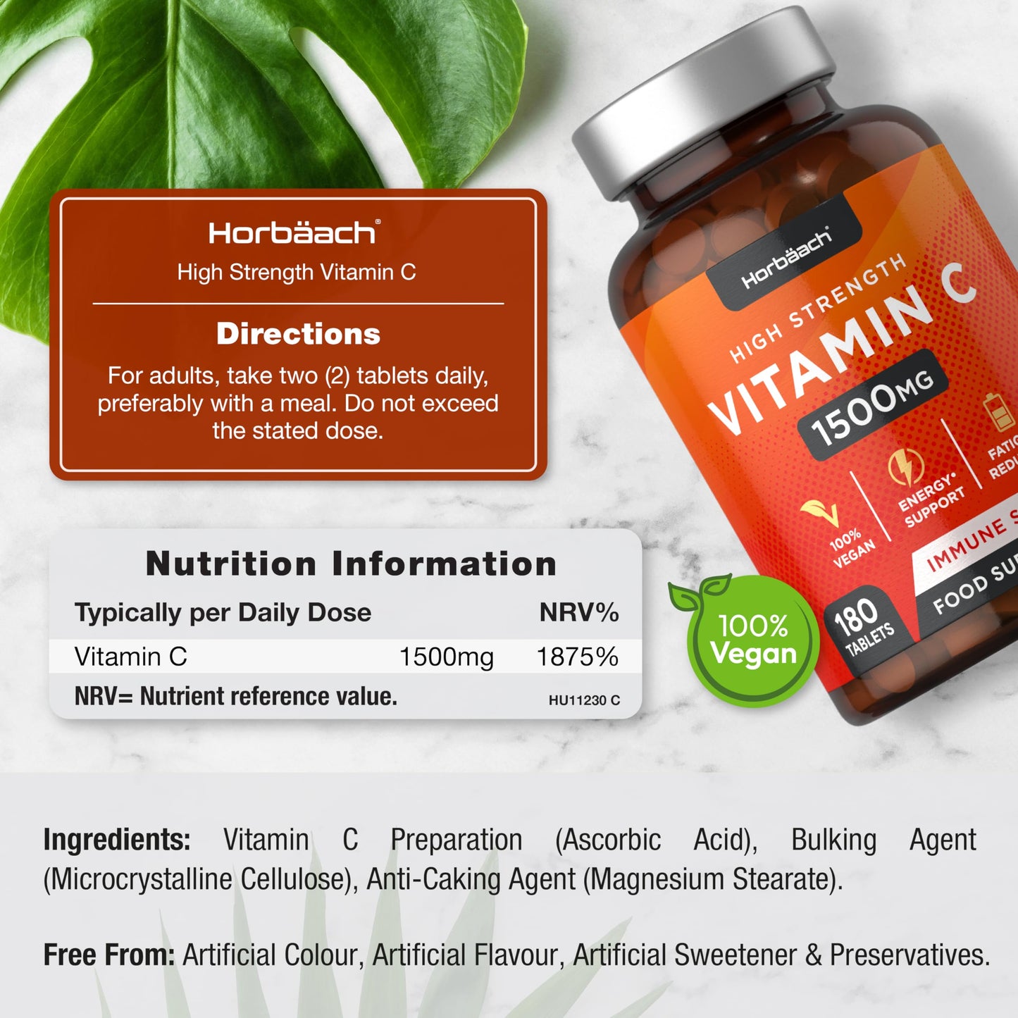 Vitamin C Tablets 1500mg | 180 Count | High Strength Vegan Supplement | No Artificial