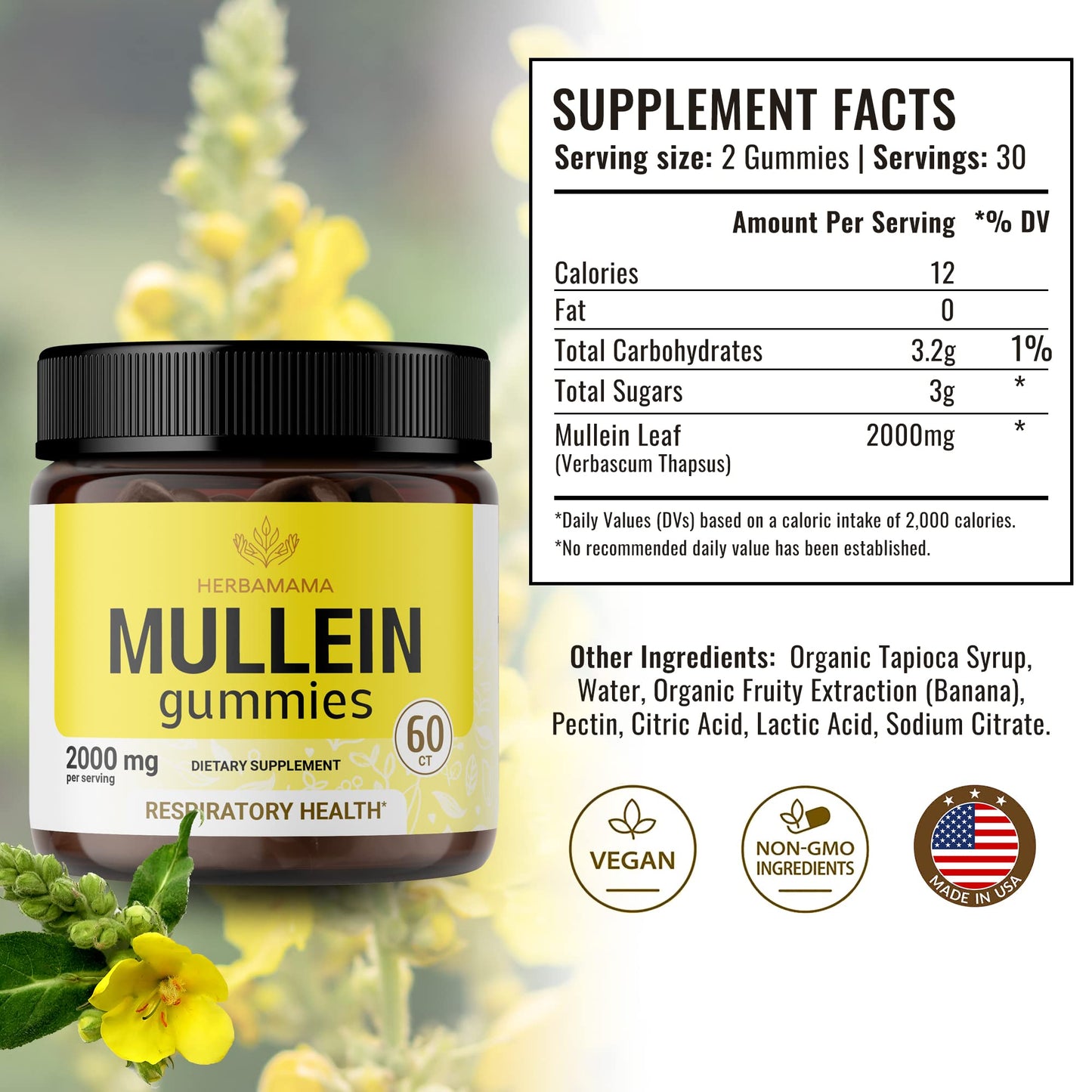HERBAMAMA Mullein Gummies - Mullein Leaf Dietary Supplement for Respiratory