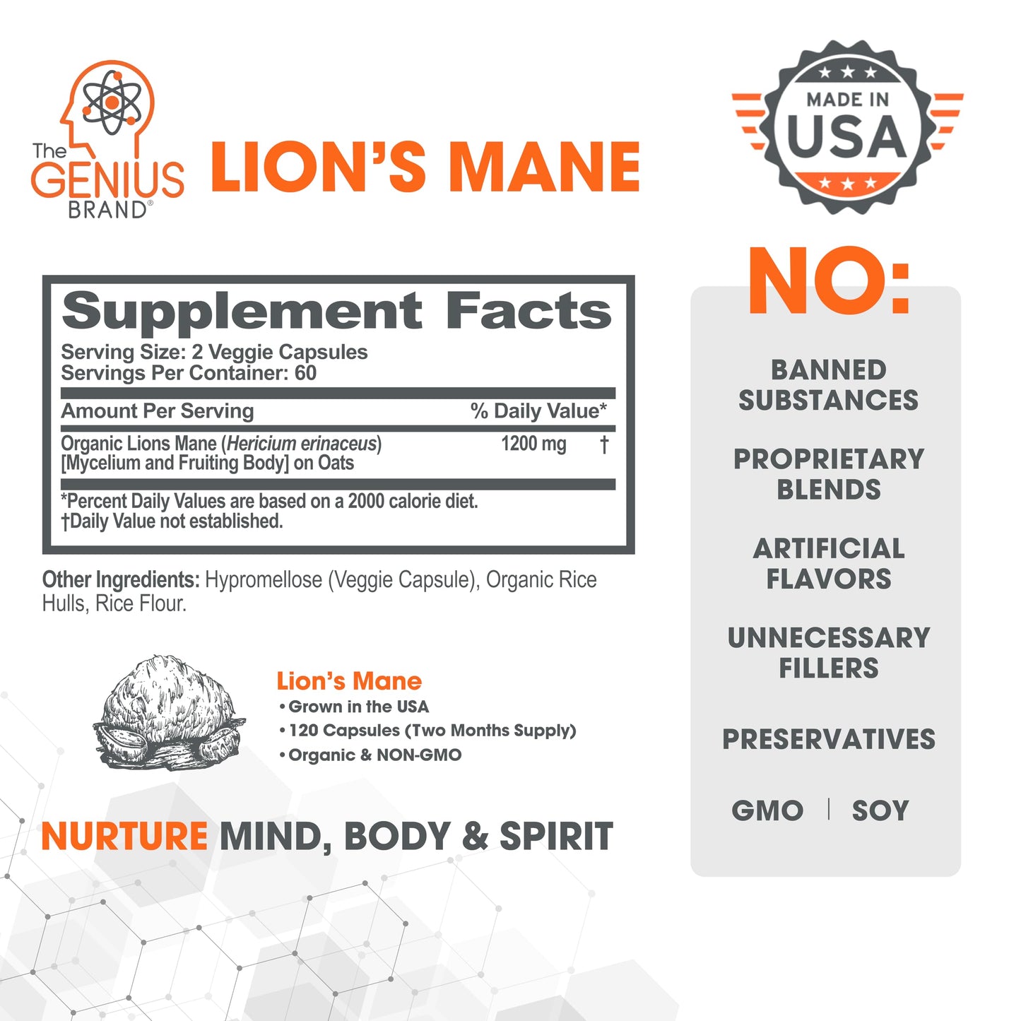 Genius Lions Mane Supplement Capsules - Organic Nootropic Supplement, 1200mg per