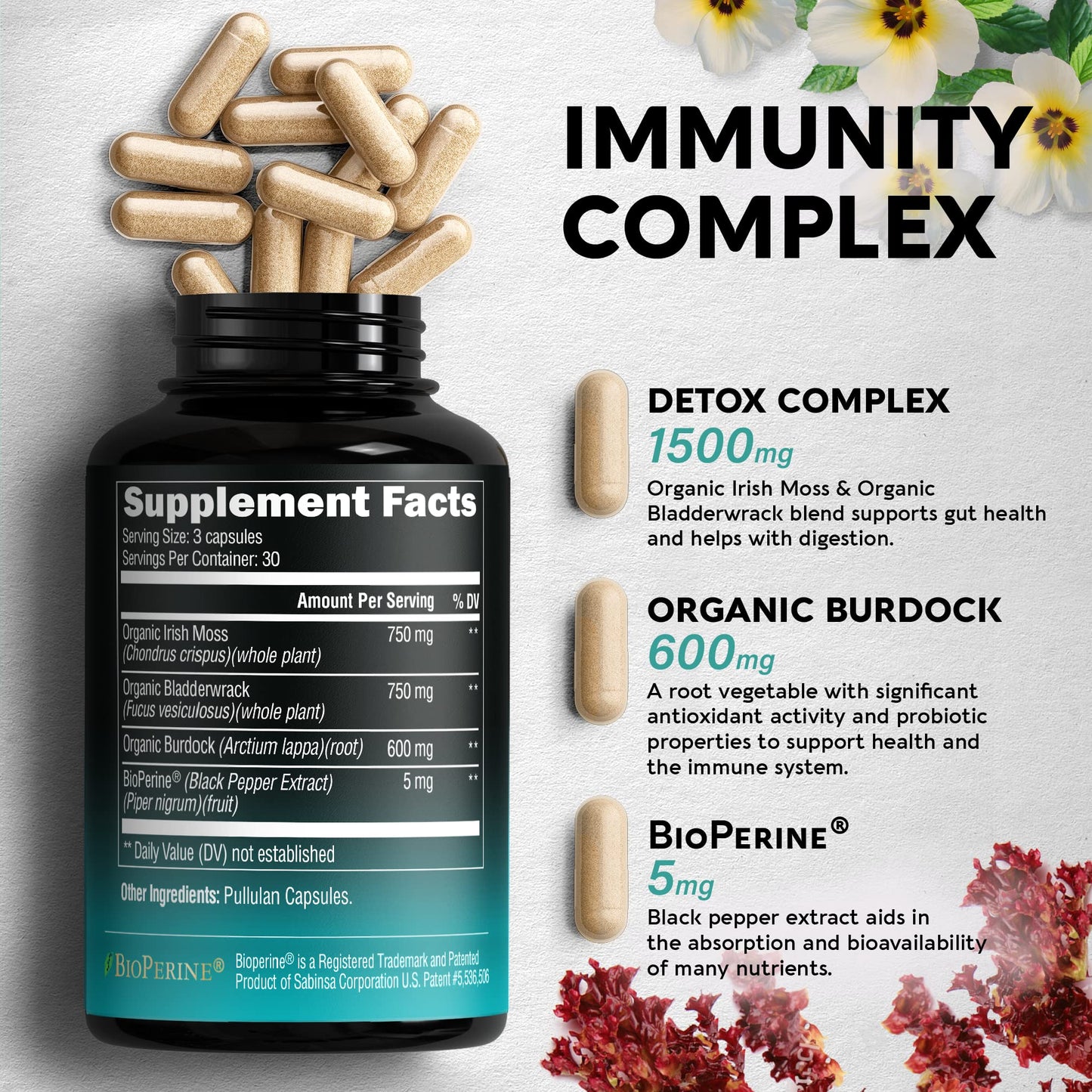 Irish Sea Moss Capsules - Made with Organic Sea Moss, Bladderwrack & Burdock Root - Made in USA - Advanced Superfood - Natural Multi Supplements Blend - Immunity & Energy Support - 90 Vegan Capsules