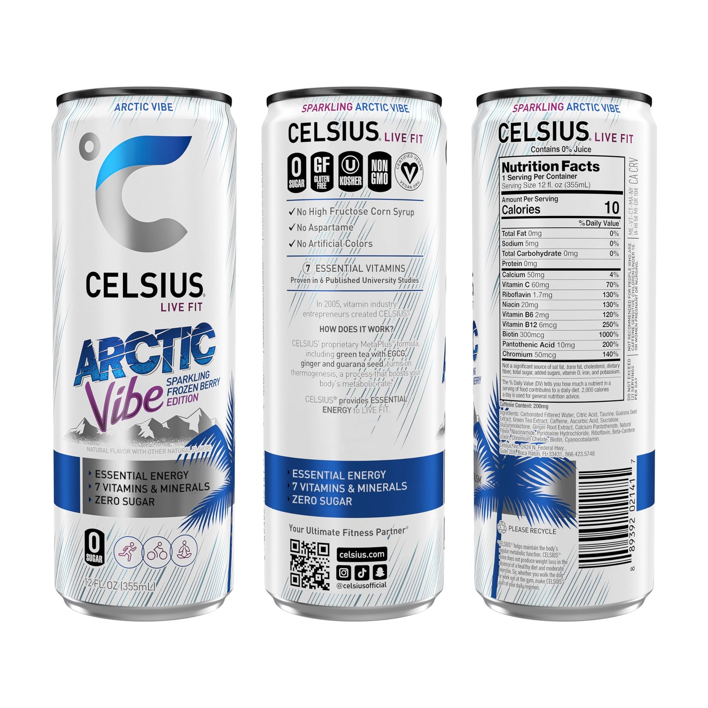 CELSIUS Arctic Vibe Sparkling Frozen Berry, Functional Essential Energy Drink, 12 Fl Oz