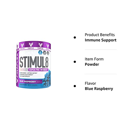 FINAFLEX STIMUL8 Original Super Pre-Workout, Blue Raspberry - Energy, Strength & Endurance for Men & Women - with Caffeine, Beta-Alanine & Vitamin C - 35 Servings