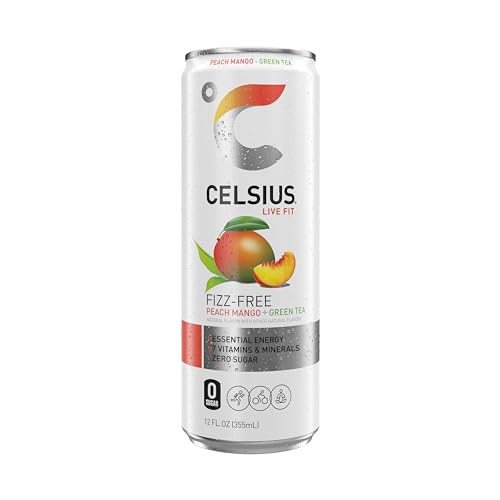 CELSIUS Peach Mango Green Tea, Functional Essential Energy Drink 12 Fl Oz (Pack of 12)