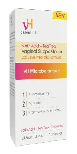 vH essentials Boric Acid + Tea Tree Vaginal Suppositories - Prebiotics Formula with Lactic Acid