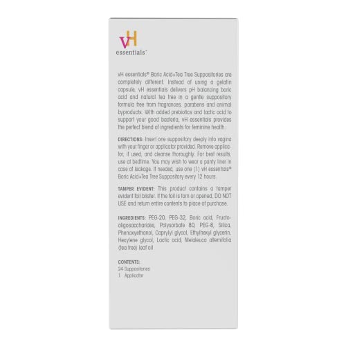 vH essentials Boric Acid + Tea Tree Vaginal Suppositories - Prebiotics Formula with Lactic Acid