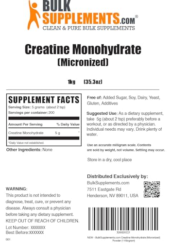 BulkSupplements Micronized Creatine Monohydrate Powder (1 kilogram) BULKSUPPLEMENTS.COM