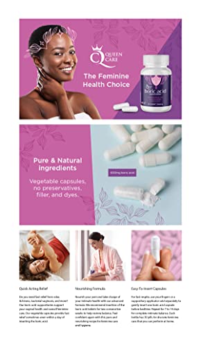 Queen Care - Boric Acid Suppositories, Boric Acid Suppositories for Feminine Care, Safe & All-Natural pH Queen Care