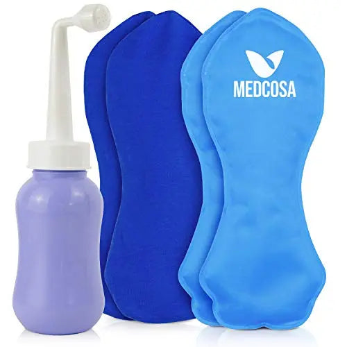 Medcosa Female Ice Pack and Perineal Bottle Set | Reusable Perineal Cold Packs & Portable Bidet Spray Bottle
