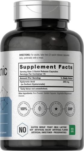 Hyaluronic Acid Supplement | 200 mg | 150 Capsules | Non-GMO and Gluten Free Supple
