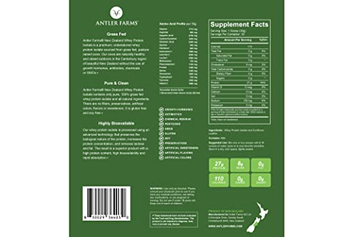 Antler Farms - 100% Grass Fed New Zealand Whey Protein Isolate, Unflavored, 30 Servings Antler Farms