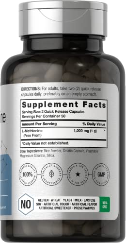 L Methionine 1000mg | 100 Capsules | Non-GMO, Gluten Free | Free Form Supplement