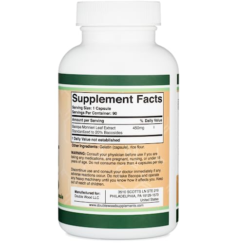 Bacopa Monnieri Capsules 20% Bacosides 450mg, 90 Count (Manufactured in USA Double Wood Supplements