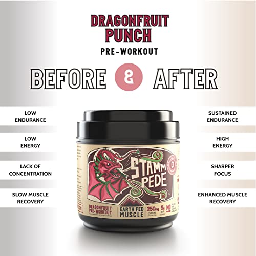 Earth Fed Muscle Stammpede DragoFruit Punch Pre Workout, 30 Servings, Boost Energy, Increase Endurance and Focus, Beta-Alanine, 250mg Caffeine, Citrulline Malate, Taurine, Tyrosine - Keto, No Sugar