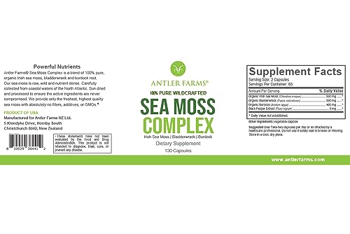 Antler Farms – 100% Pure Sea Moss Complex, 130 Capsules, Organic & Wildcrafted Irish Antler Farms