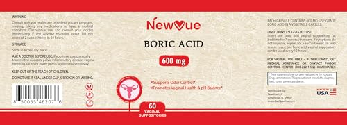 NewVue Boric Acid Vaginal Suppositories (600mg, 60 Count) Supports Vaginal pH Balance, Odor Control (USP Medical Grade Fine Powder, Easy Dissolve, Third Party Tested, Made in USA) NewVue