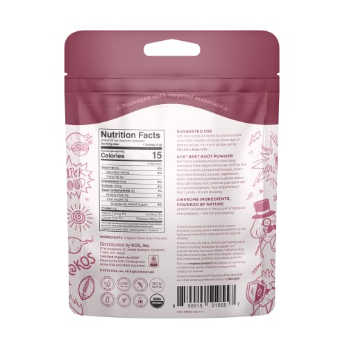 KOS Organic Beet Root Powder, USDA Certified - Natural Nitric Oxide Booster, Superfood Plant Based Beetroot Ingredient for Stamina Increasing, Circulation - Non-GMO, Soy & Gluten-Free, 50 Servings Bag