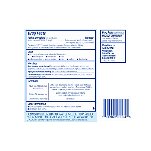 Boiron Arnicare Tablets for Pain Relief from Muscle Pain, Joint Soreness, Swelling from Injury or Bruises Boiron