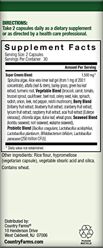 COUNTRY FARMS Super Greens Vegicaps, 32 Super Foods, Whole Food Supplement COUNTRY FARMS