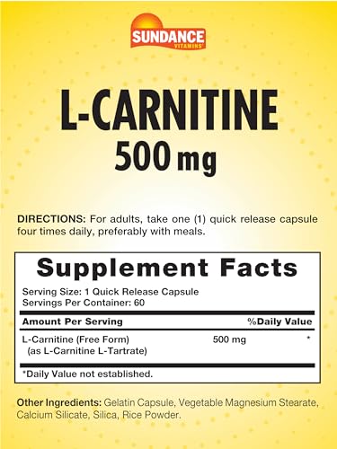 L-Carnitine 500mg | 60 Capsules | Free Form Amino Acid | Non-GMO and Gluten Free