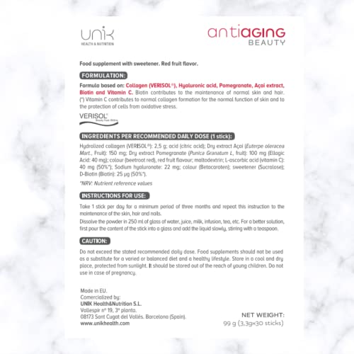 Unik Antiaging Beauty | Hydrolysed Collagen VERISOL (5 Clinical Studies) with Hyaluronic Acid UN 1K HEALTH & NUTRITION