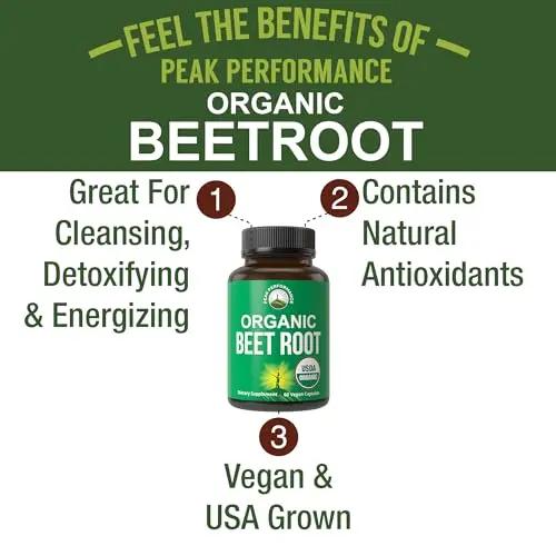 USDA Organic Beet Root Vegan Capsules. Beets Juice Powder Super Food Pills 1200 mg Peak Performance