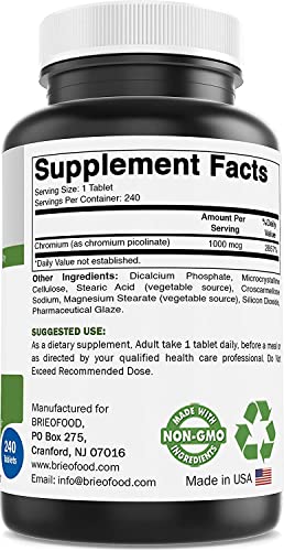 Brieofood Chromium Picolinate 1000 mcg Pills - 240 Tablets - 240 Servings - Non-GMO Brieofood