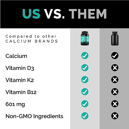 Calcium 600mg, Vitamin D3 K2 B12 Supplement - For Heart, Bone & Immune Support