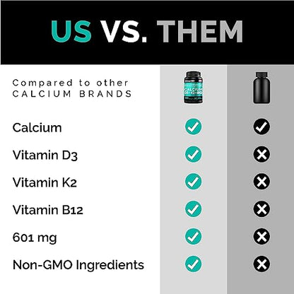 Calcium 600mg, Vitamin D3 K2 B12 Supplement - For Heart, Bone & Immune Support