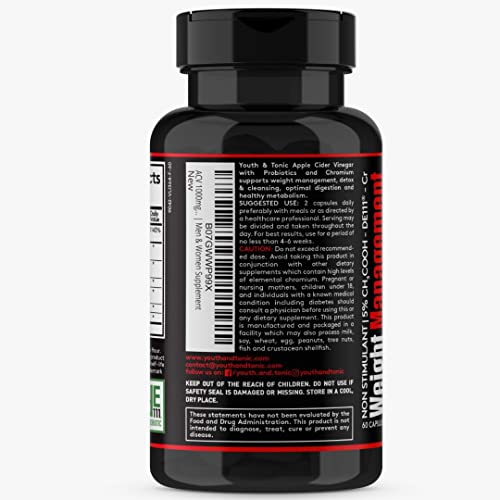 Youth & Tonic Natural Appetite Suppressant for Weight Loss / 1000 mg Apple Cider