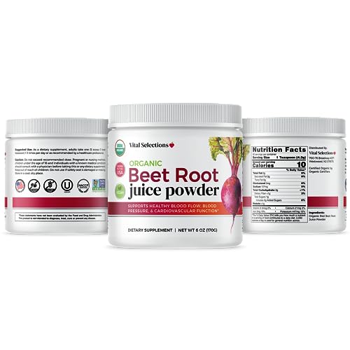 Vital Selections 100% Organic Beet Root Juice Powder, Highest Purity and Potency, USA Grown, Superior Beet Drying Technology, Maximum Nitric Oxide Boost for Cardio Support and Athletic Performance