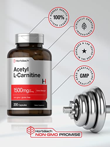 Acetyl L-Carnitine 1500mg | 200 Capsules | Extra Strength ALCAR Supplement | Non-GMO