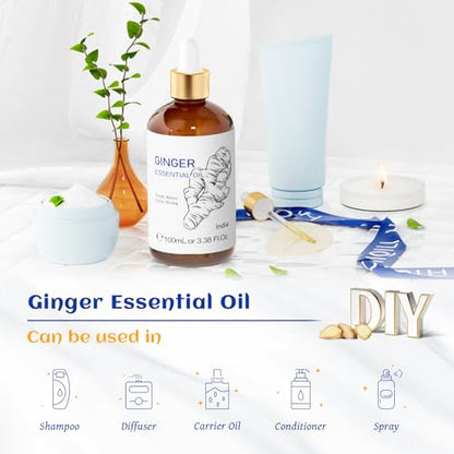 HIQILI Pure Ginger Essential Oil 3.38 Fl Oz, Pure Natural Premium Ginger Oil for Massage