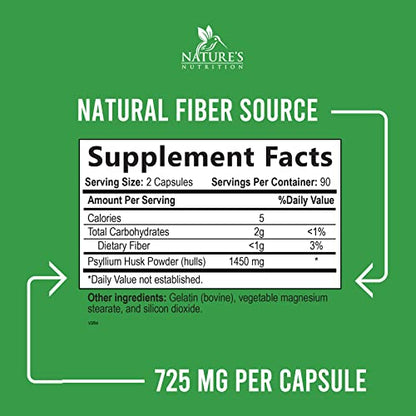 High Absorption Psyllium Husk Capsules 1450mg, Natural Soluble Fiber Supplement Non-GMO