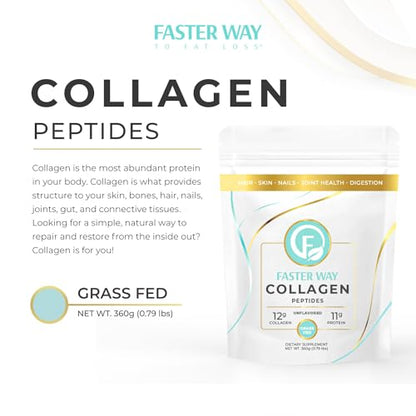 FASTer Way to Fat Loss, Unflavored, 360g Grass-Fed Beef Collagen Peptides for Skin