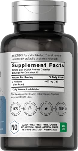 Horbaach L-Histidine 1000mg 90 Capsules | Non-GMO and Gluten Free | Pharmaceutical