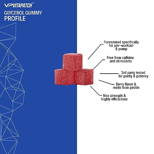 VitaPatch Premium Grade Glycerol Gummies Stim Free Pre Workout - Intense Pump Supplement - Glycerol Monostearate Formula - Hydrating Pre-Workout Gummy Formula - Caffeine Free - 120 Gummies