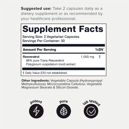 Ultra High Potency Third-Party Tested Trans Resveratrol 1000mg - 98% Pure Toniiq
