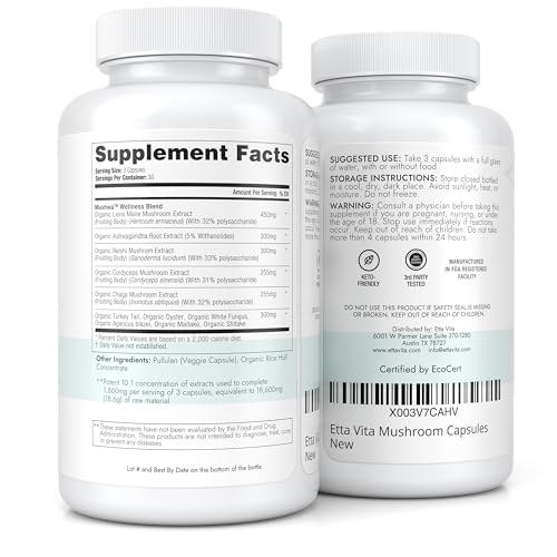 USDA Organic Lions Mane Supplement Capsules with Ashwagandha, Chaga, Reishi, Cordyceps