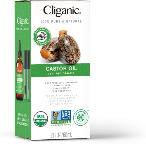 Cliganic Organic Castor Oil, 100% Pure (2oz with Eyelash Kit) - For Eyelashes, Eyebrows, Hair & Skin Cliganic
