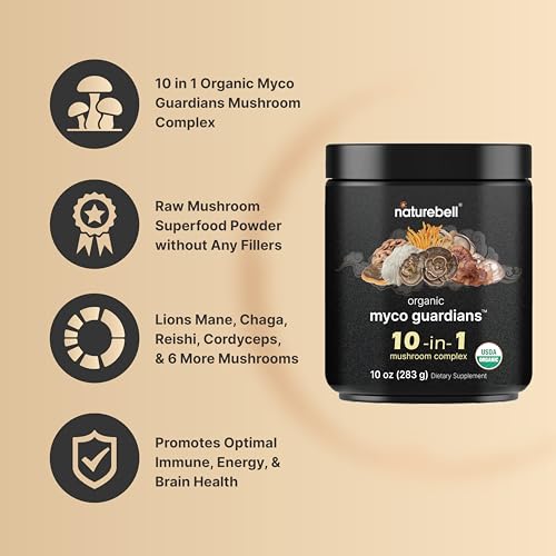 NatureBell Organic Myco Guardians 10 in 1 Mushroom Powder, 10oz | Fresh Superfood NatureBell