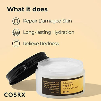 COSRX Snail Mucin 92% Moisturizer 3.52oz/ 100g, Daily Repair Face Gel