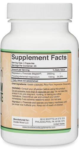 Magnesium L Threonate Capsules (Magtein) – High Absorption Supplement – Bioavailable Double Wood Supplements