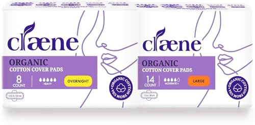 Claene Organic Cotton Cover Pads, Menstrual Large&Overnight Pads for Women, Unscented, Breathable