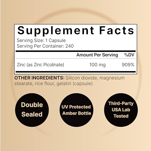 High Potency Zinc Picolinate 100mg - 240 Capsules, Bioavailable Form of Zinc