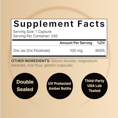 High Potency Zinc Picolinate 100mg - 240 Capsules, Bioavailable Form of Zinc