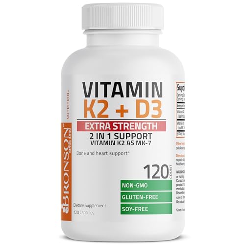 Bronson Vitamin K2 (MK7) with D3 Extra Strength Supplement Bone and Heart Health Non Bronson