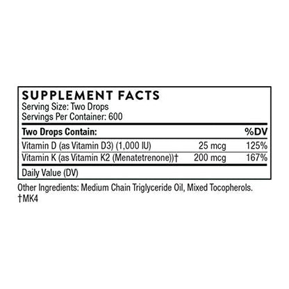THORNE Vitamin D + K2 Liquid with a metered Dispenser - Vitamins D3 and K2 to Support
