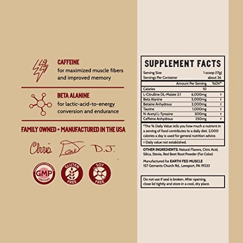 Earth Fed Muscle Stammpede DragoFruit Punch Pre Workout, 30 Servings, Boost Energy, Increase Endurance and Focus, Beta-Alanine, 250mg Caffeine, Citrulline Malate, Taurine, Tyrosine - Keto, No Sugar