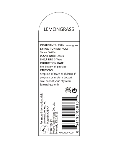 NATURE HUE Lemongrass Essential Oil - 10 mL (1/3 oz) - Pure, Natural, Therapeutic Grade NATURE HUE