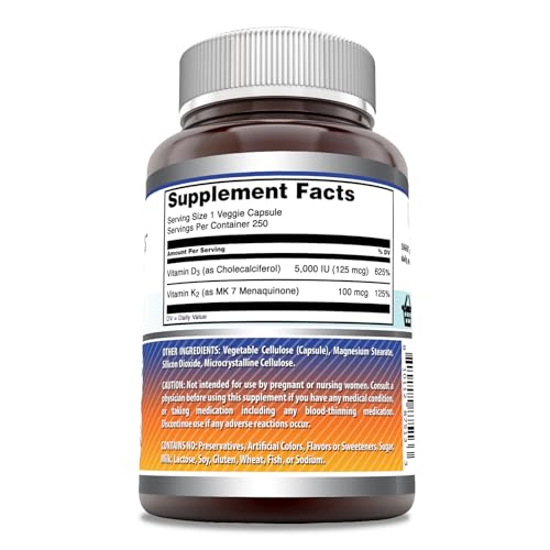 Amazing Formulas Vitamin D3 5000 IU with Vitamin K2 100 Mcg| 250 Veggie Capsules Amazing Nutrition